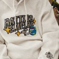 Battles 秋冬地球毛巾刺繡純棉抓絨連帽運動衫男套頭外套寬鬆送冷帽