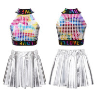 Костюм для девочек в стиле хип-хоп для джазовых танцев, костюм для чирлидинга, одежда для танца, блестящий кроп-топ без рукавов с блестками и юбкой