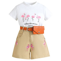 Комплект из 3 предметов, летняя детская одежда, модные корейские хлопковые топы с коротким рукавом и мультяшным принтом для девочек + шорты + пояс, Роскошная детская одежда BC599