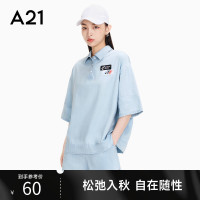 A21女裝時尚牛仔套裝23年夏新品POLO領短袖上衣短褲休閒兩件式