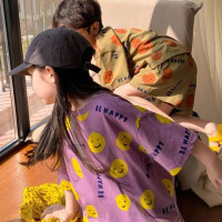 Детский хлопковый костюм для мальчиков и девочек, Повседневная футболка с простым принтом и свободные шорты с улыбающимся лицом, лето 2023