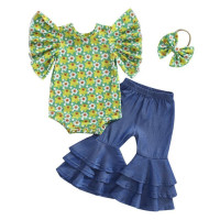 Брючный комплект для новорожденных девочек, летняя одежда 2023, наряды, цветочный боди, топы и джинсовые расклешенные брюки, повязка на голову, одежда для девочек