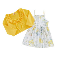 Детская одежда, комплект из двух предметов для девочек, платье на бретельках с цветочным принтом + Топы с длинным рукавом и завязками, детская одежда