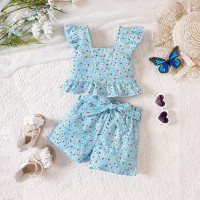 Детская Одежда, костюм для девочек, повседневный жилет с рукавами-крылышками для маленьких девочек, топы и шорты с принтами с цветочным рисунком, комплект из 2 предметов, Одежда для детей