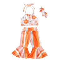 Одежда для маленьких девочек, комплект из 3 предметов с брюками, топ на бретельках с цветочным рисунком и полосатые брюки, летняя одежда, одежда