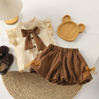 Новинка 2023, комплект детской одежды для девочек, свободная рубашка с круглым вырезом и рукавами-фонариками и однотонные шорты с эластичным поясом, Детский костюм для отдыха