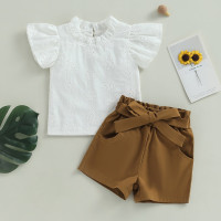 Летняя одежда для девочек, комплекты, топы без рукавов с вырезами и эластичным поясом, шорты с завязкой, Детские праздничные повседневные наряды