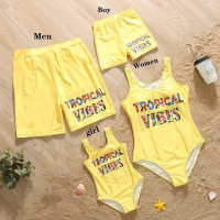 Летний семейный однотонный Цельный купальник с буквенным принтом и плавки, праздничный купальник