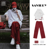 休閒寬褲女大尺碼胖mm顯瘦梨形身材高腰直筒紅色運動工裝褲子夏季