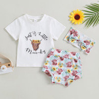 Летняя одежда для маленьких девочек, детская одежда, 3 предмета, футболки с коротким рукавом, шорты с цветочным принтом, повязка на голову, повседневные комплекты