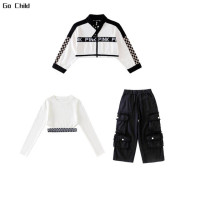 Укороченная куртка для девочек, свободные брюки-карго, Детская уличная одежда в стиле хип-хоп, женские комплекты, детское короткое джазовое пальто, наряды, костюмы