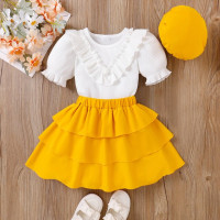 Комплект детской одежды для маленьких девочек, летняя Милая Белая футболка с короткими рукавами-фонариками в рубчик + многослойная трапециевидная юбка с оборками + шапка, комплект из 3 предметов