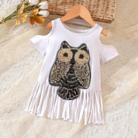 Милые топы с принтом и коротким рукавом, детская одежда, летняя футболка для девочек, длинная футболка с бахромой и совой
