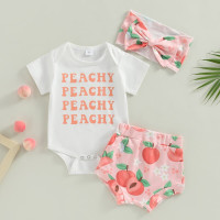 Летние комплекты одежды для маленьких девочек, комбинезон с коротким рукавом и шорты с персиковым принтом, комплект с повязкой на голову