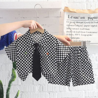 Новинка 2023, Детский костюм, рубашка с коротким рукавом и шорты для подростков, летняя Клетчатая Одежда для мальчиков с галстуком, официальная одежда, модная до колена