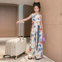 Комплект летней одежды для девочек-подростков, топ с лямкой на шее и свободные длинные штаны, комплект из 2 предметов, детский Шелковый костюм для девочек 6, 8, 10, 12, 13 лет