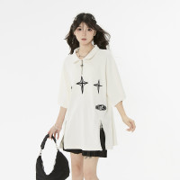 B2自制 美式復古小眾白色設計感拉鍊polo衫短袖女潮牌情侶裝上衣