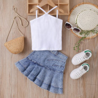 Женская модель 2023, Однотонная футболка в рубчик + джинсовая мини-юбка, 2 предмета, детская одежда, детская верхняя одежда, спортивный костюм