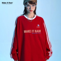 MAKE IT RAIN歐美字母印花長袖T恤男女秋冬純棉寬鬆織帶打底衫bf