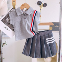 Костюм для девочек, летний однотонный костюм для девочек в английском стиле преппи с отворотом и коротким рукавом + плиссированная юбка, комплект из двух предметов