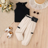 Комплекты одежды для девочек от 2 до 7 лет, топ на одно плечо без рукавов, карго-Брюки с карманами, поясная сумка, Детский комплект из 3 предметов для девочек