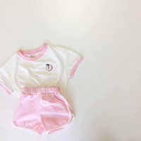 Распродажа со склада 7654, комплект детской одежды, корейский летний костюм для мальчиков, милый костюм для маленьких девочек с фруктовым узором, костюм из 2 предметов, футболка + шорты