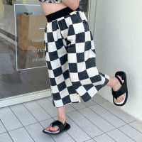 Комплект детской одежды для девочек 2023 летняя рубашка с открытыми плечами и цветочным принтом шахматная клетка Широкие штаны повседневные Простые брюки комплект из двух предметов