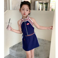 Детский летний комплект одежды 2023, жилет с открытой спиной и короткая юбка для девочек, повседневный Модный комплект из двух предметов для девочек