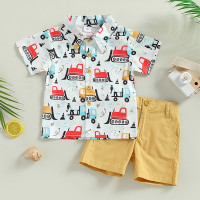 Летняя одежда для маленьких мальчиков, рубашка с коротким рукавом и отворотом и мультяшным принтом автомобиля + однотонные шорты, комплект одежды из 2 предметов для детей