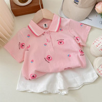 Комплект одежды для девочек с мультипликационным рисунком, летние футболки с клубничным медведем и белыми шортами, костюм из двух предметов, детская одежда в Корейском стиле