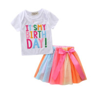 Летняя одежда для маленьких девочек, милая цветная футболка с коротким рукавом + юбка на день рождения + Тюлевая юбка-пачка, повседневная одежда для детей