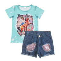 Оптовая продажа, детские летние футболки с коротким рукавом и джинсовые шорты для маленьких девочек