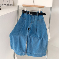 Новинка 2023, детская одежда в Корейском стиле, весенние джинсы с широкими штанинами для маленьких девочек от 2 до 7 лет, брюки-Слаксы с поясом
