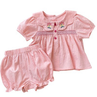 Комплект одежды для девочек из двух предметов, хлопковый топ с круглым воротником и цветочной вышивкой + короткие штаны, розовая летняя детская одежда