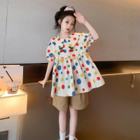 Летние комплекты одежды для девочек, детская Свободная рубашка с коротким рукавом + шорты, одежда для девочек-подростков, детская одежда в горошек с кукольным воротником