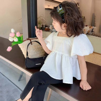 Комплект для девочек, милый топ с квадратным вырезом и открытой спиной, с боковыми разрезами, расклешенные брюки, летняя новая модная детская одежда