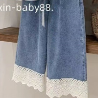 Летний комплект для девочек 2023, летняя рубашка для девочек с французским квадратным вырезом и рукавами-пузырями, кружевные тонкие мягкие джинсы, детская одежда 4, 6, 8, 10 T