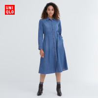 Uniqlo 女裝襯衫式牛仔洋裝(水洗產品長袖外套裙子秋季) 465230