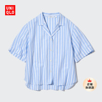 Uniqlo 女裝 麻混紡條紋開領襯衫(短袖薄外套 23春夏 襯衫)458284