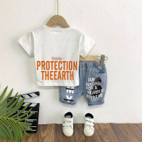 Детский джинсовый костюм для мальчиков, Модный комплект из двух предметов, с коротким рукавом, в Корейском стиле, лето 2023