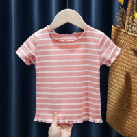 Летняя футболка с коротким рукавом для девочек, топ в полоску с маленьким медведем для маленьких девочек, летний топ из чистого хлопка с коротким рукавом, футболка, детская одежда