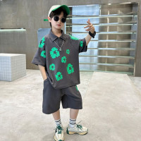 Модный детский спортивный костюм для мальчиков, футболка с коротким рукавом и цветочным принтом + шорты, спортивные костюмы для мальчиков из 2 предметов, летние комплекты одежды для подростков из 2 цветов