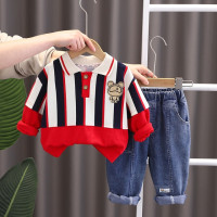 Персонализированный комплект одежды для маленьких мальчиков из двух предметов 2023 Весенние футболки с длинным рукавом и джинсы в полоску с мультяшным рисунком детская эксклюзивная одежда