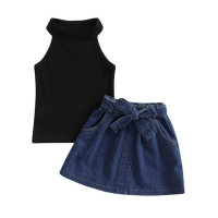 Костюм с юбкой для маленьких девочек, вязаный жилет без рукавов, топы с подкладкой, джинсовая короткая юбка с поясом на талии