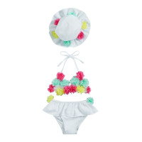 Летние Детские купальники для маленьких девочек, Майки с цветочным рисунком и оборками, шорты, Солнцезащитная шляпа, бикини, раздельные купальники для новорожденных