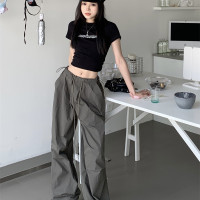 美式復古抽繩工裝休閒褲女夏季薄款長褲灰色百搭束腳運動闊腿褲子