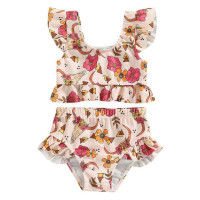 Летние комплекты для купания для маленьких девочек, топы без рукавов на одно плечо + стринги в полоску с оборками