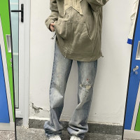 美式街頭直筒潑墨做舊hiphop破洞休閒牛仔長褲子男女款高街vibe風