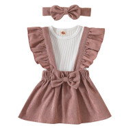 Комплект детской одежды из 3 предметов, белый ребристый комбинезон с коротким рукавом, Однотонная юбка на бретелях и повязка на голову, 0-18 месяцев