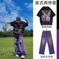 紫色嘻哈風寬鬆闊腿牛仔褲+美式hiphop紫色人物印花短袖男女套裝